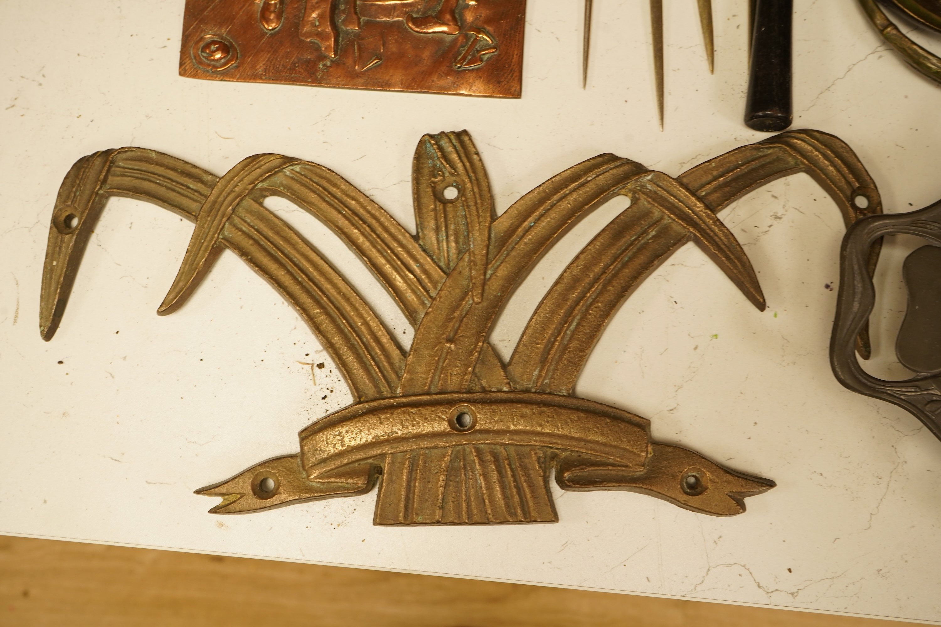 A mixed group of metalware including an Art Nouveau figural dish and pewter dish, a candlestick etc